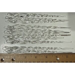 Vtg Hand Spun Glass Clear Twisted Icicle 11 Pcs Ornament Signed Signature? 1985